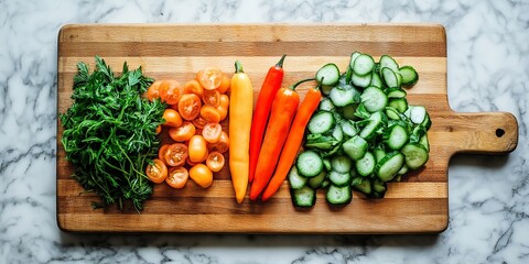 Sticker - Flat lay of a wooden cutting board featuring assorted raw vegetables including tomatoes, peppers, cucumbers, and herbs