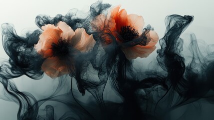 Two peach-colored poppy flowers emerge from a swirling cloud of black ink, a vibrant contrast against a white background.