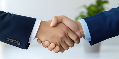 professional handshake between two individuals in business attire, symbolizing agreement and collaboration. background features plant, adding touch of warmth to setting