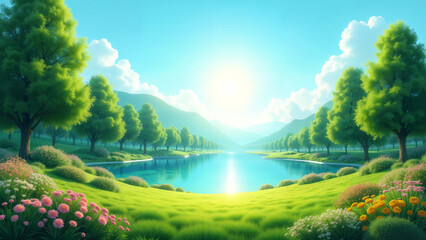 a picturesque landscape under a clear blue sky with the sun shining on lush green trees and colorful