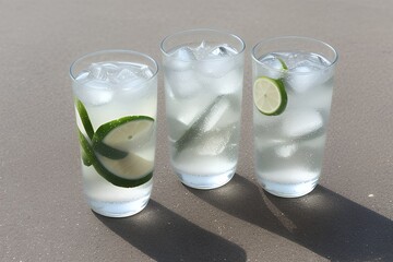 A trio of glasses filled with water, each featuring a slice of lime, offering a refreshing and visually appealing arrangement. Generative AI