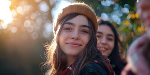 Wall Mural - Casual portrait of friends enjoying a relaxed moment in a park with a bokeh background, capturing smiles for social media content