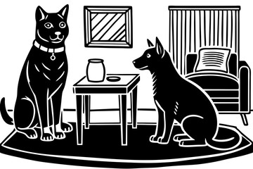  Dog and cat in room. Dog looks at black cat that sits on table in living room. Vector illustration 