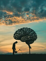 Aufkleber - A man is watering a tree that resembles a human brain against a vibrant sunset, illustrating the concept of nurturing intellect and creativity. Generative AI