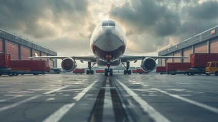 Wall Mural - A large cargo airplane awaits loading on the runway, with various unloading equipment and vehicles stationed nearby under cloudy skies. Generative AI