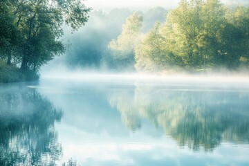 Poster - The tranquil lake is shrouded in mist, showcasing reflections of greenery, creating a calm and serene atmosphere. Generative AI