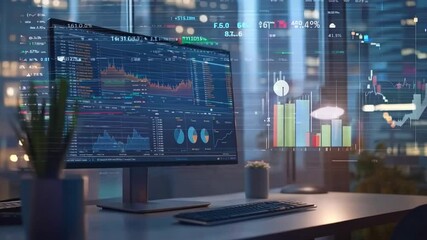 Poster - Modern computer workstation displaying real-time financial data analytics at night in a city office environment
