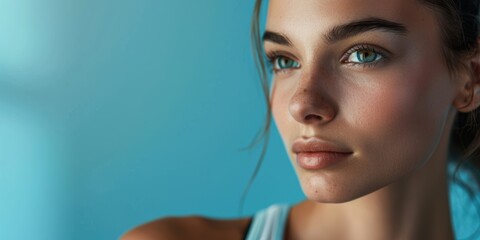 Confident woman engaged in fitness and training for a balanced, healthy lifestyle against a blue backdrop, showcasing strength and determination