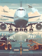 Aufkleber - A large cargo airplane is stationed on the runway while loading equipment prepares to unload goods, with other planes in the sky. Generative AI