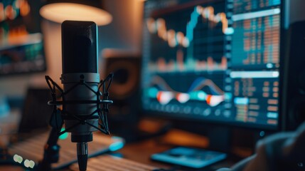 Microphone and hands in a podcast studio with a computer screen displaying stock market news, focusing on sound technology and broadcasting statistics