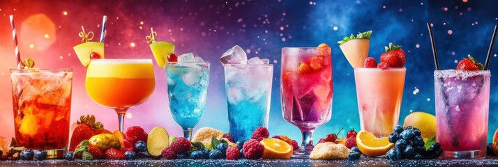 Aufkleber - Bright cocktails accompanied by snacks and fresh fruit slices create a festive atmosphere for a summer celebration. Generative AI