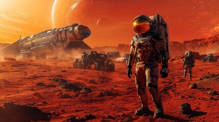Poster - An astronaut in a space suit walks across a red Martian terrain while rovers and a spacecraft stand in the background during sunset. Generative AI