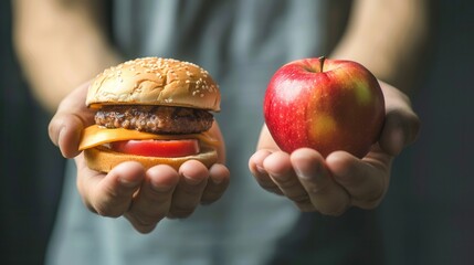 Poster - One hand presents a vibrant apple, while the other offers a hamburger, illustrating the contrast between healthy and unhealthy food choices. Generative AI