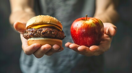 Poster - One hand displays a crisp apple, symbolizing health, while the other holds a hamburger, representing fast food choices. Generative AI