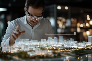 Middle-aged man engages with an interactive hologram of a city using VR glasses, highlighting the intersection of urban development and digital innovation.