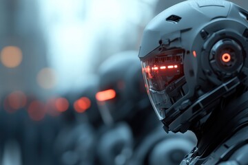 A group of advanced robotic soldiers with glowing red visors stand in formation, embodying the future of warfare and technology, in a dark urban setting at dusk.