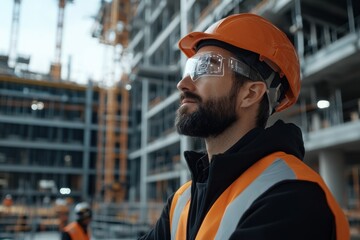 A construction worker wears smart glasses, highlighting the integration of technology in modern construction work environments for efficiency and safety.