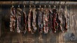 © Thanakrit - Smoked Kangaroo Jerky Hang Artistic hang of smoked kangaroo jerky strips drying on hooks