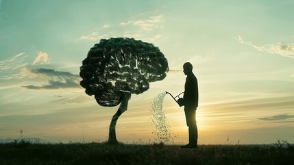 Aufkleber - A silhouette of a man waters a tree shaped like a human brain, highlighting the themes of creativity, knowledge, and growth. Generative AI