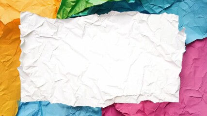 Aufkleber - A vibrant arrangement of crumpled paper in various colors surrounds a blank, textured area, ideal for creative projects or messages. The lively hues enhance the artistic potential of the space.