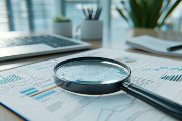 financial statement paper magnified with a magnifying glass. analyzing financial information about a