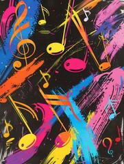 Aufkleber - Colorful brushstrokes and musical notes fill a chalkboard, creating an energetic atmosphere during a creative arts activity. Generative AI