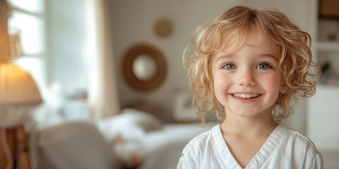 Wall Mural - Smiling Caucasian toddler boy around 3 years old with curly blonde hair, wearing a white shirt, standing in a cozy, warmly lit bedroom, looking joyful and happy.

