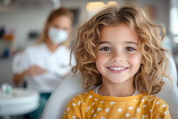 Wall Mural - Smiling Caucasian girl with curly blonde hair and freckles, sitting in a dental chair, wearing a yellow shirt, feeling happy and relaxed while a dentist in the background prepares for her checkup.