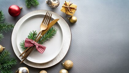 christmas table setting with christmas decorations on gray background top view copy space christmas holiday background