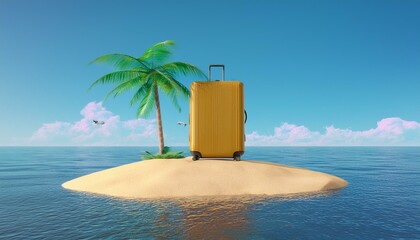 creative summer beach with giant suitcase on island travel concept idea 3d rendering