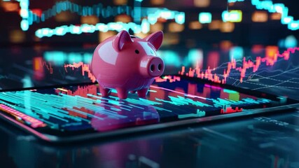 Poster - A pink piggy bank sits on a digital tablet displaying financial data against a city skyline at night