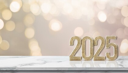 happy new year 2025 on marble table with pale soft bokeh wall banner for display or montage of produ