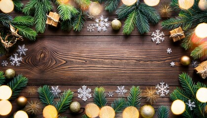 merry christmas frame made of christmas decorations fir branches spruce lights garland snowflakes on wooden background xmas and new year holiday bokeh light flat lay top view