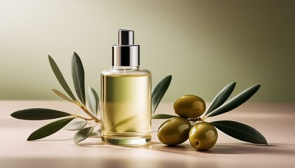 olive based cosmetic serum cream and water with sprig of olives on a pastel background