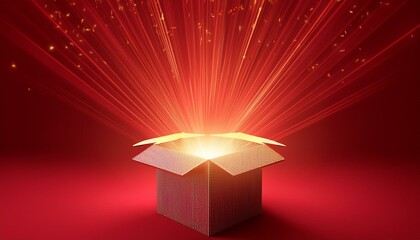 open gift box with ray of light effect on red background 3d rendering