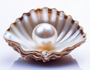 pearls one natural pearl inside the oyster shell close up on white background nacre pearl necklace mother of pearl jewellery wealth concept rotating background top view