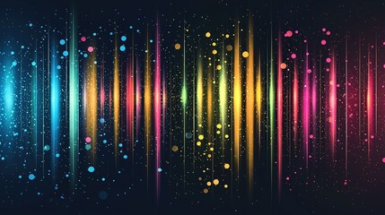 Poster - Colorful sound wave pattern with vibrant lights and abstract dots against a dark background, illustrating the beauty of music and sound