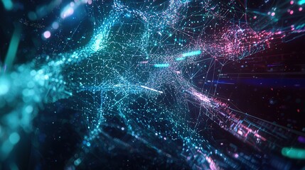 Poster - A vibrant network of interconnected nodes and pathways glowing brightly in a futuristic digital landscape at nighttime