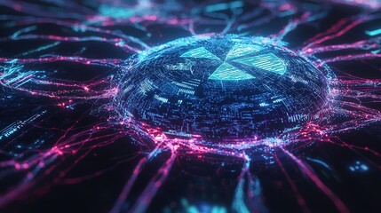 Poster - Futuristic digital landscape with neon circuits and central hub resembling a nuclear symbol at night