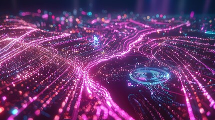 Poster - Vibrant cityscape with glowing neon lights and intricate pathways at night showcasing a futuristic digital landscape
