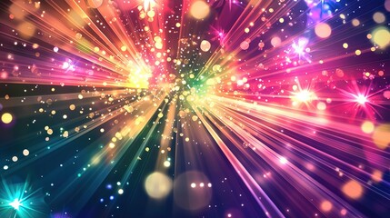 Poster - Colorful abstract rays of light radiating in various hues against a dark background, creating a vibrant display of motion