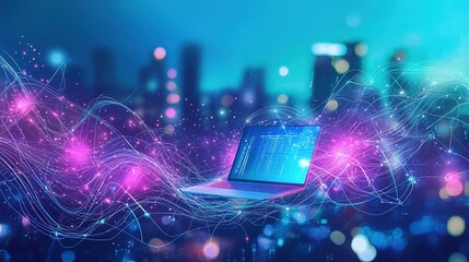Poster - A glowing laptop surrounded by vibrant light trails illuminates a city skyline at night, showcasing the fusion of technology and urban life