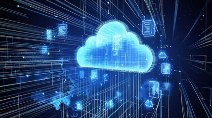 Poster - Digital cloud infrastructure with data streams and files represented in a modern, technological design showcasing connectivity