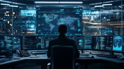 Aufkleber - A man is sitting in front of a computer monitor with a map of the world on it