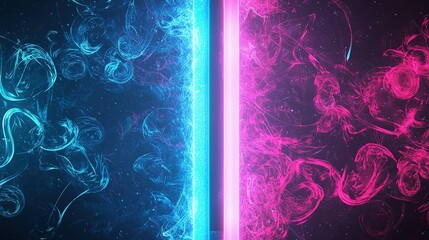 Poster - Neon blue and pink light beams with swirling energy effects in a dark space, showcasing a vibrant contrast of colors and motion