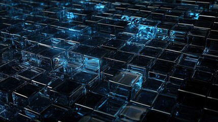 Poster - A close-up view of reflective blue glass cubes arranged in a geometric pattern creating a modern abstract background