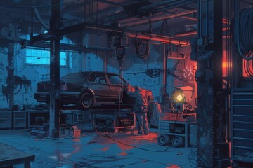 Aufkleber - A mechanic is focused on repairs under a car elevated on a hoist in a dimly lit garage filled with tools and equipment. Generative AI