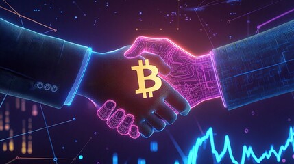 Digital handshake symbolizing partnership in cryptocurrency and blockchain technology amidst a futuristic background