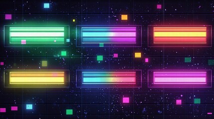 Poster - Vibrant digital art showcasing colorful neon bars and glowing squares against a dark background in a modern, abstract style