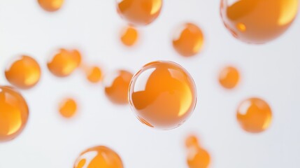 Poster - Floating orange droplets creating an abstract pattern against a light background in a minimalist setting